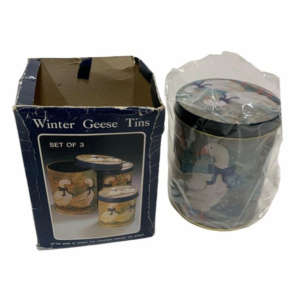 Vintage Nesting Metal Tin Canisters Winter Geese Ducks Set of 3 - Picture 2 of 5